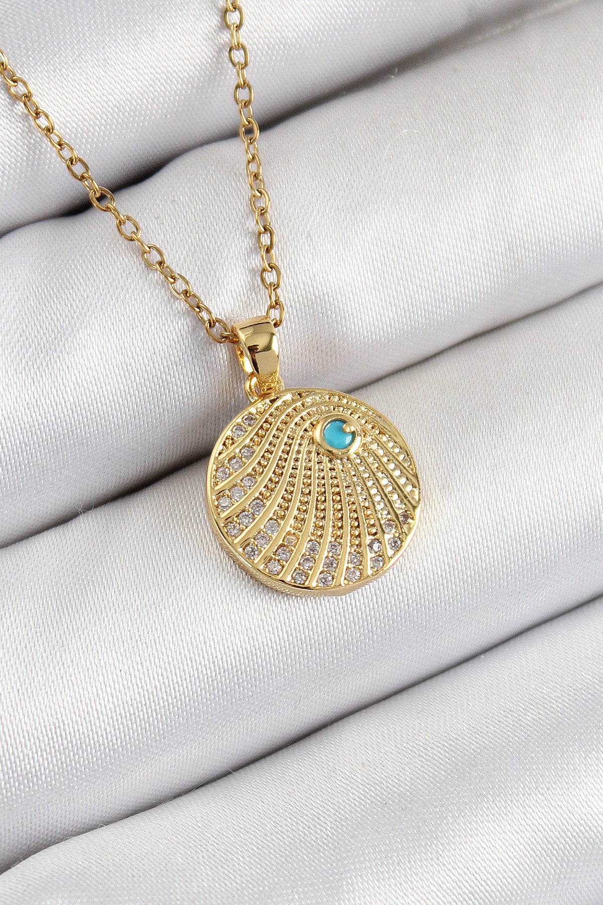 316L Çelik Zirkon Taşlı Madalyon Model Gold Renk Kadın Kolye