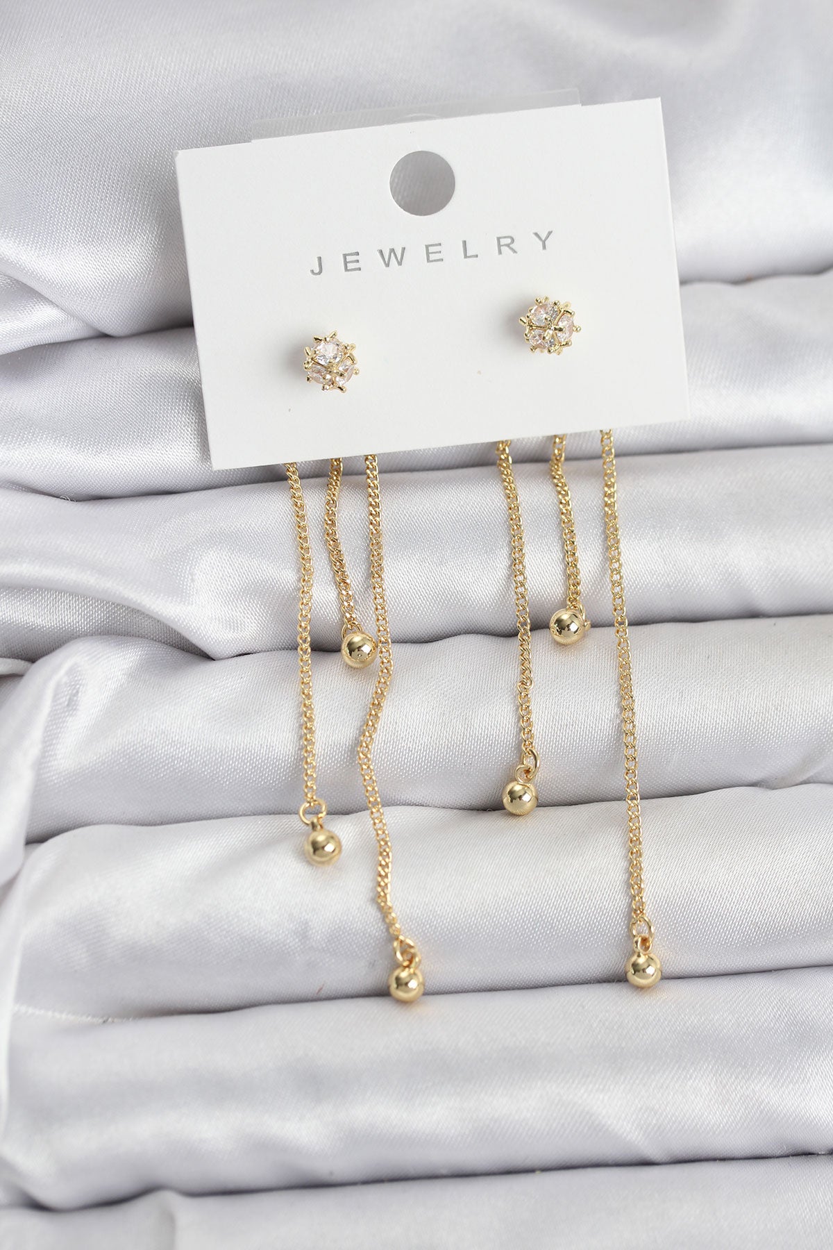 Topçuk Model Gold Renk Pirinç Sallantılı Kadın Küpe Seti