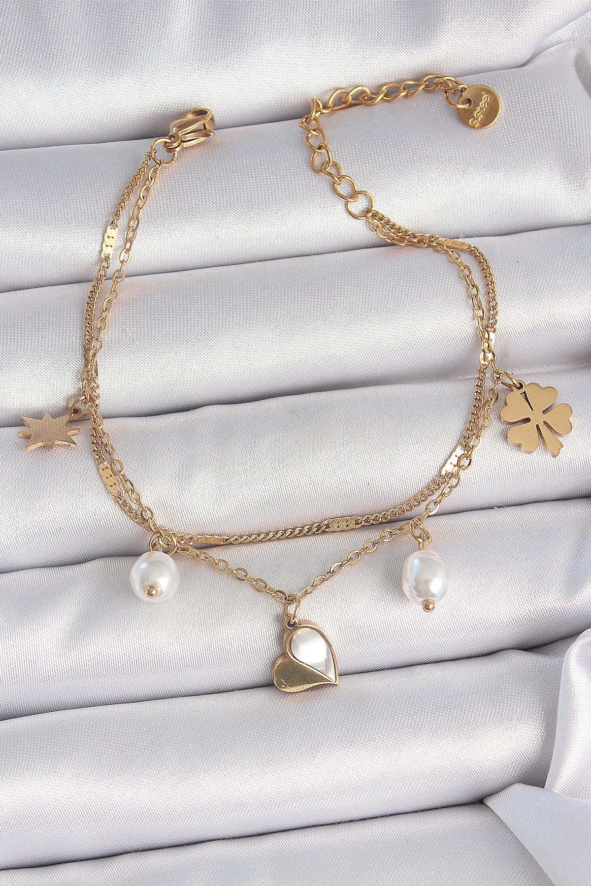 316L Çelik Gold Renk 2'li Zincir Model Sallantı Kalp Figür Yonca Detay Kadın Bileklik