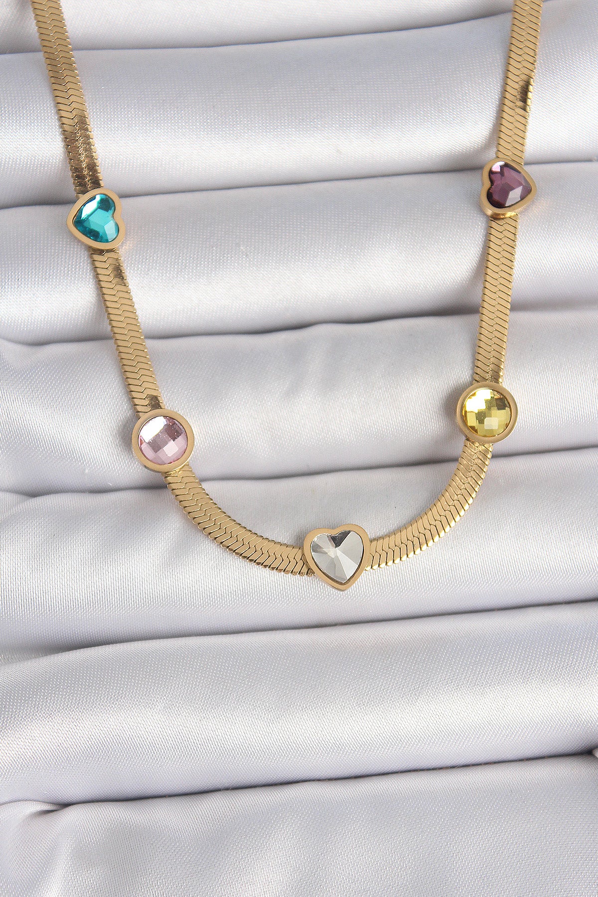 316L Çelik Gold Renk İtalyan Zincir Renkli Zirkon Taşlı Kalp Figür Kadın Kolye