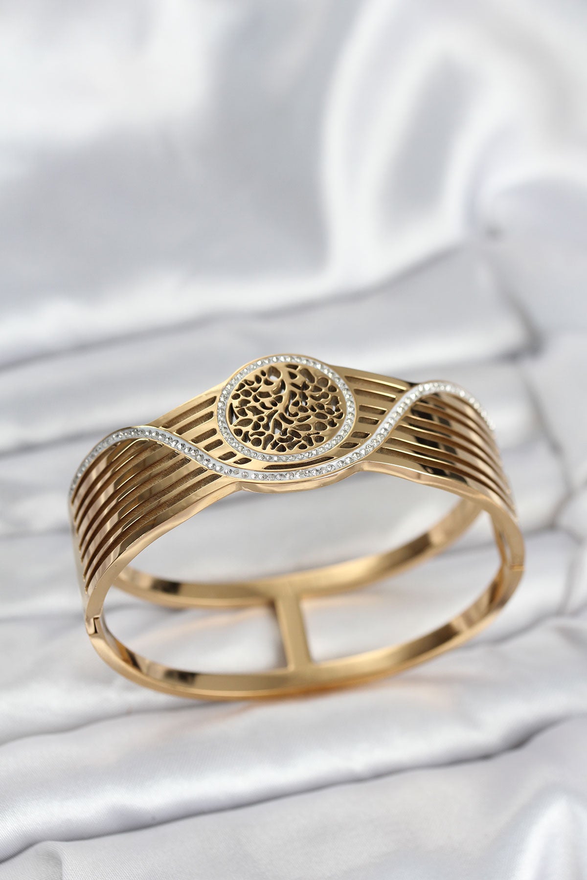 316L Çelik Gold Renk Yaşam Ağacı Modelli Kadın Kelepçe Bileklik