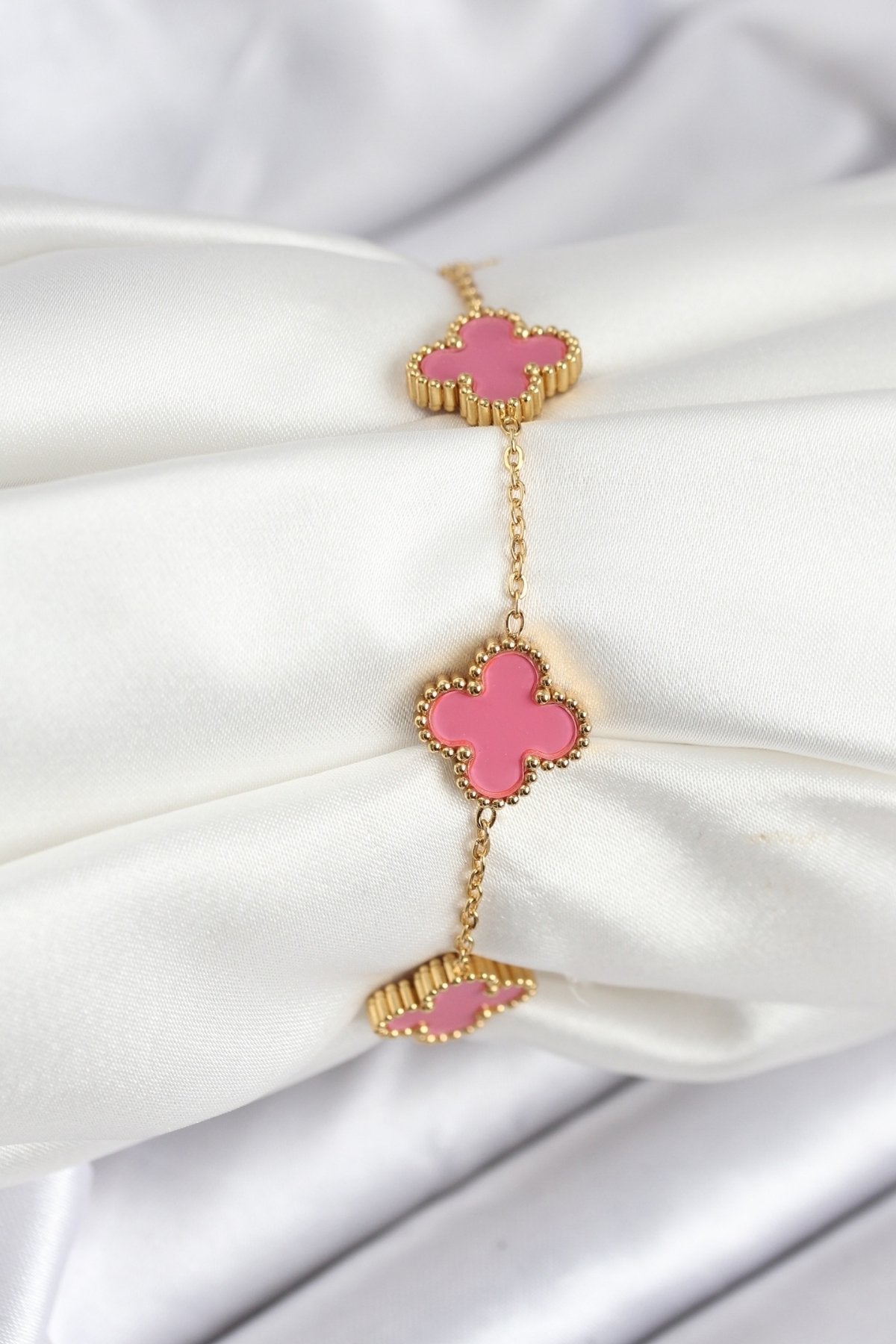 316L Çelik Gold Zincir Pembe Yonca Renk Bileklik