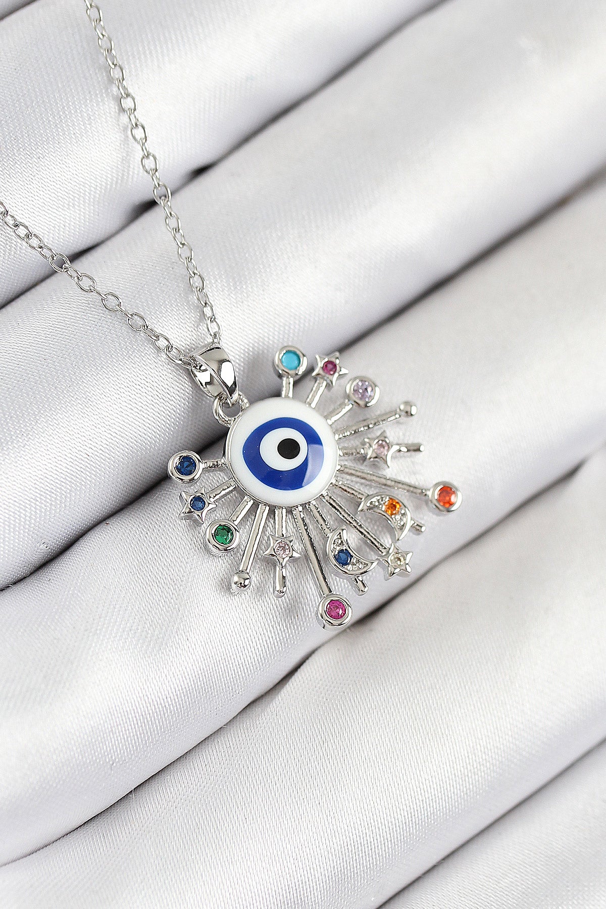 316L Çelik Zirkon Taşlı Nazar Model Gümüş Renk Kadın Kolye