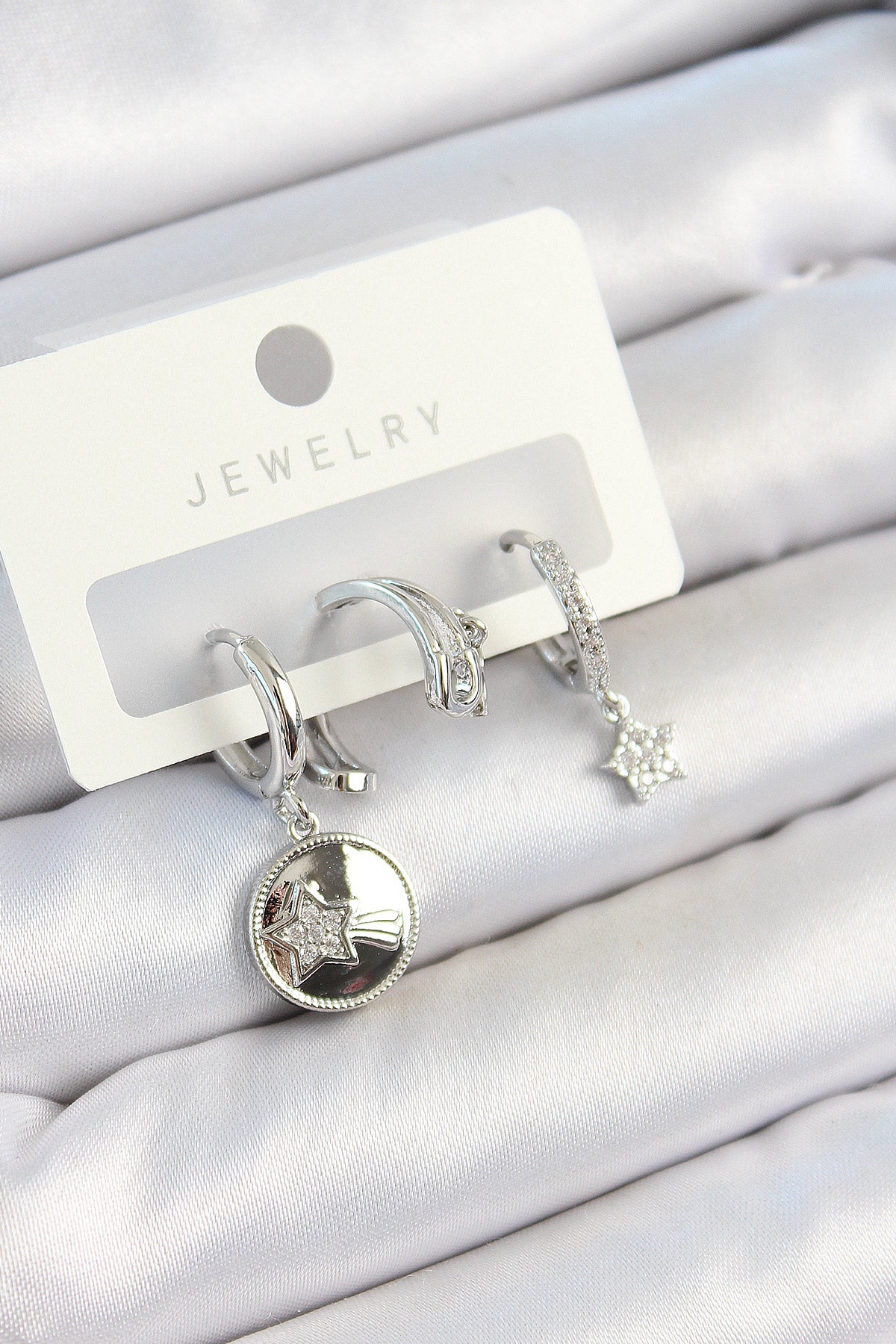 Pirinç Zirkon Taşlı Sallantılı Yıldız Model Gümüş Renk 3'lü Çift Kadın Küpe Set