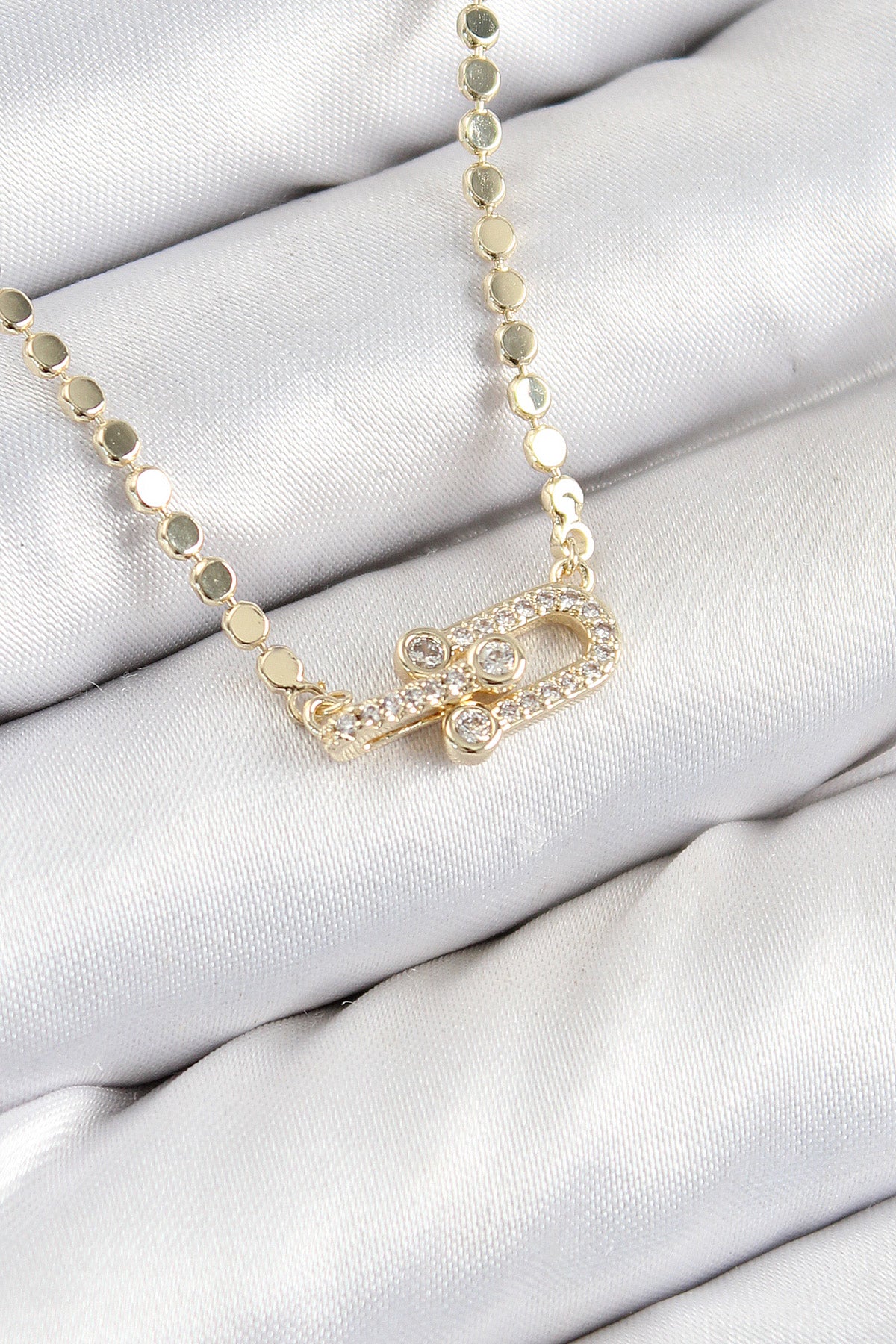 Pirinç Zirkon Taşlı Tifany Model Ezme Zincir Gold Renk Kadın Kolye