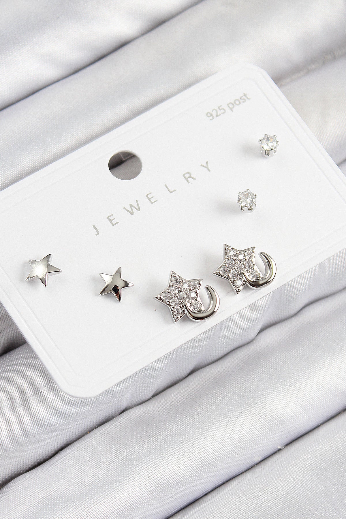 Pirinç Zirkon Taşlı Yıldız Model Gümüş Renk 925 Ayar Gümüş Çivi Kadın Küpe Set