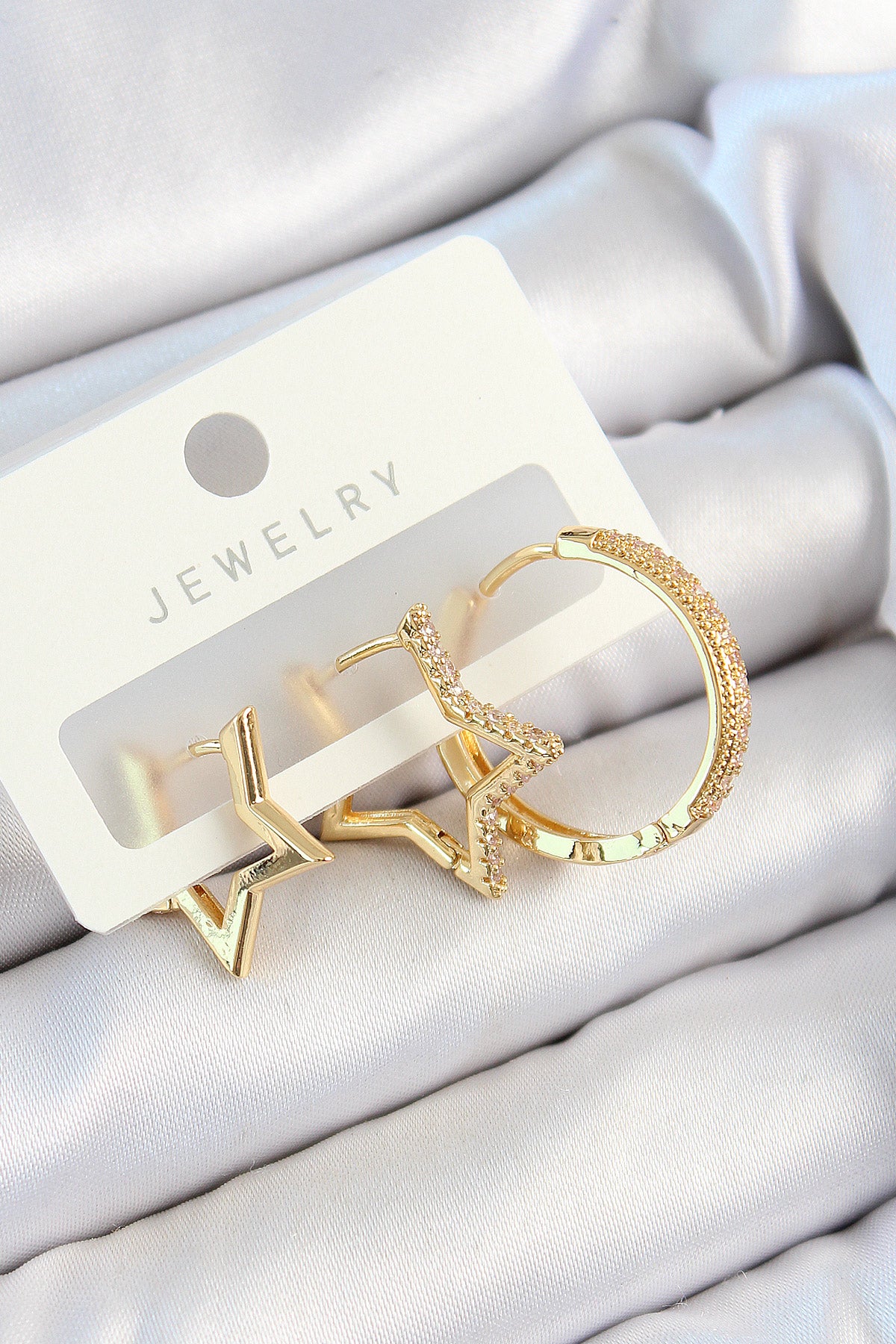 Pirinç Zirkon Taşlı Yıldız Ve Halka Model Gold Renk 3'lü Çift Kadın Küpe Set