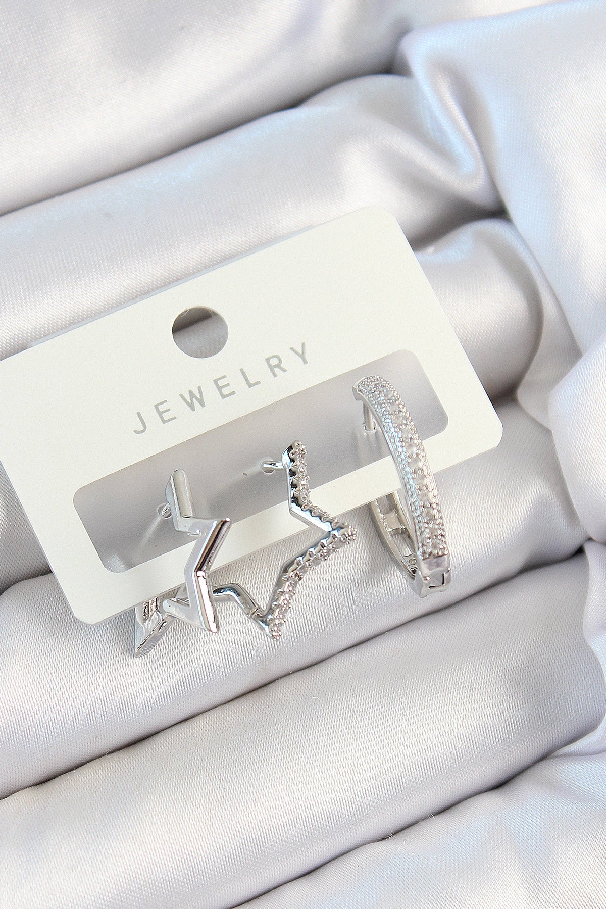 Pirinç Zirkon Taşlı Yıldız Ve Halka Model Gümüş Renk 3'lü Çift Kadın Küpe Set