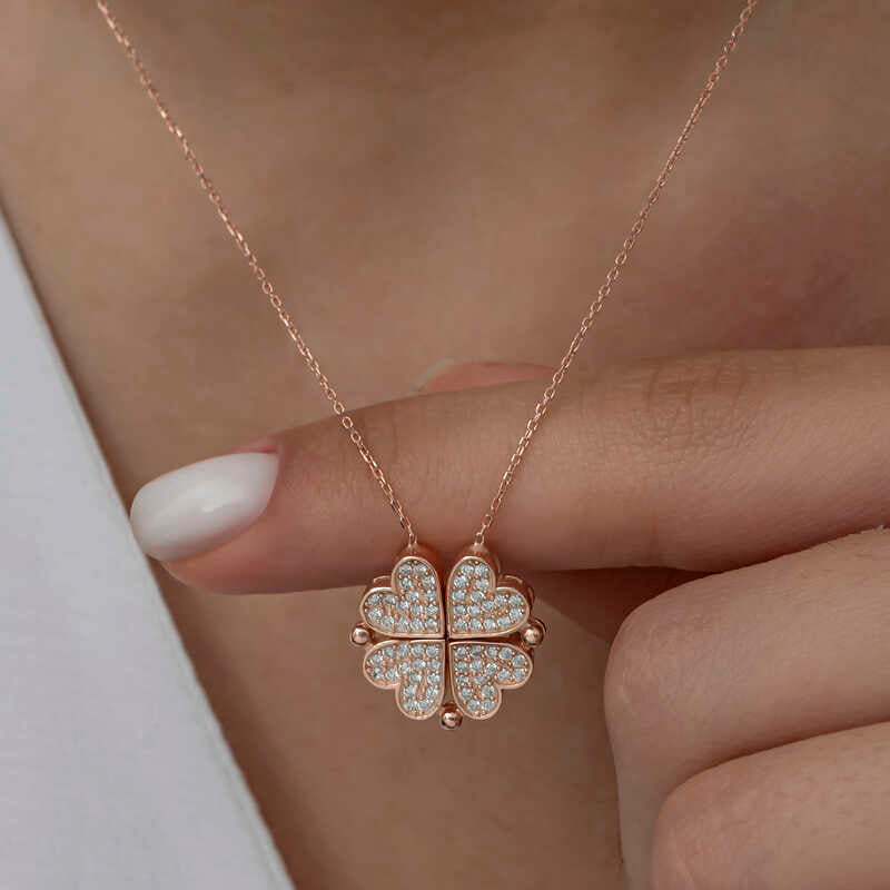 Gümüş Rose Kalpli Açılabilen Yonca Kadın Kolye