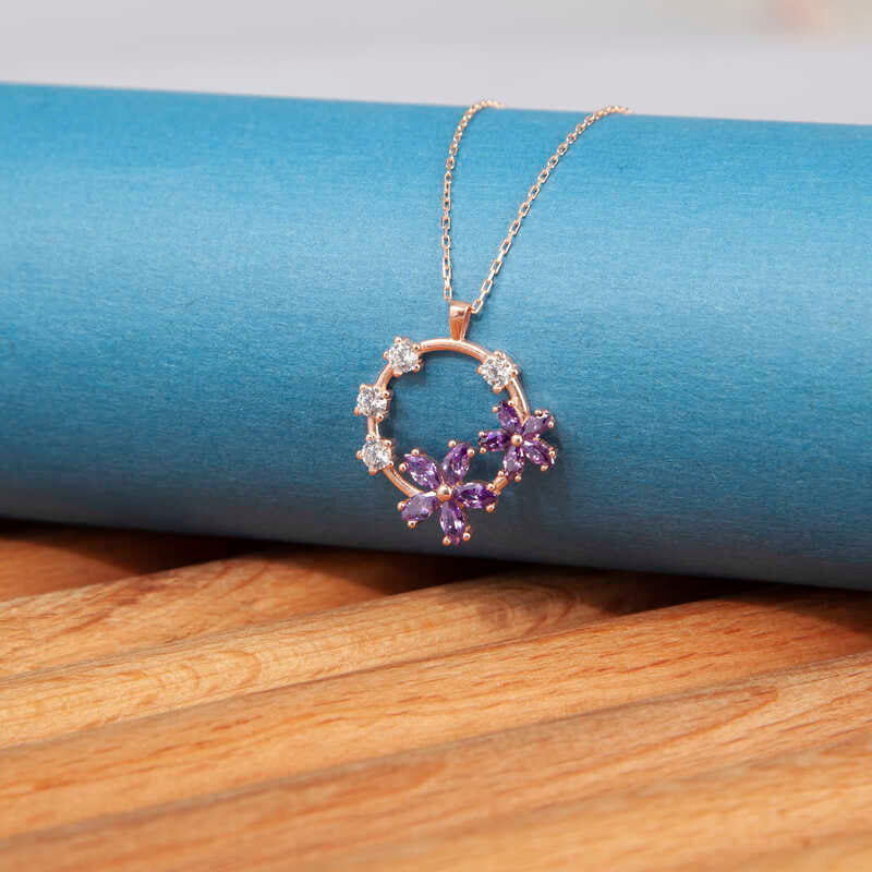 Gümüş Rose Mor Çiçek KadIn Kolye