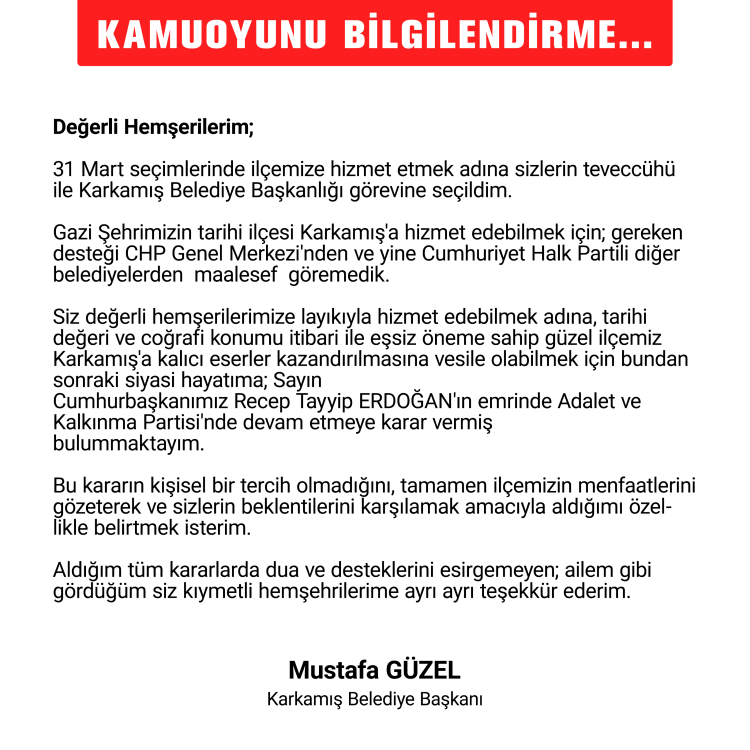 Gaziantep karkamış'ta chp'li belediye başkanı ak parti'ye geçti!